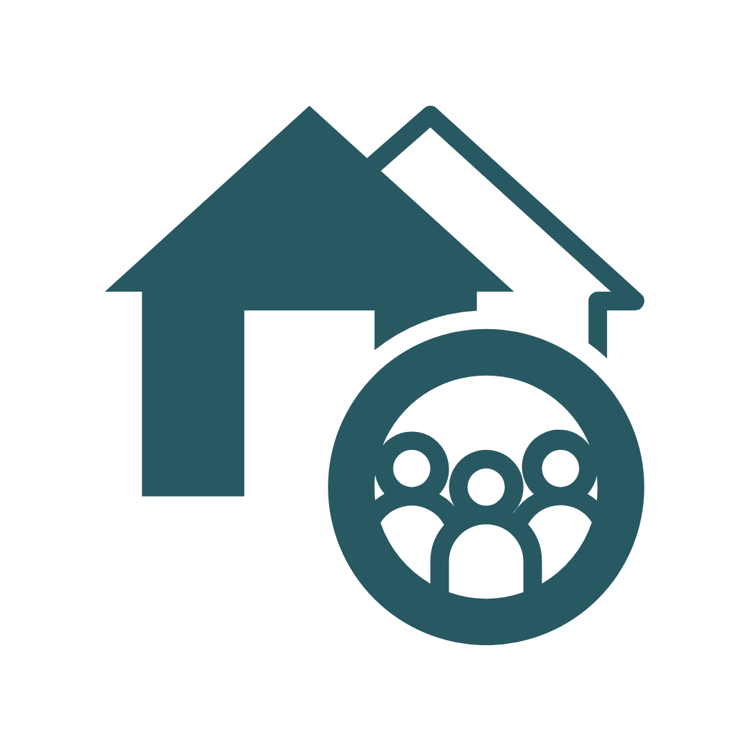 Icon, auf dem ein Haus, sowie eine Gruppe in einem Kreis zu sehen sind.